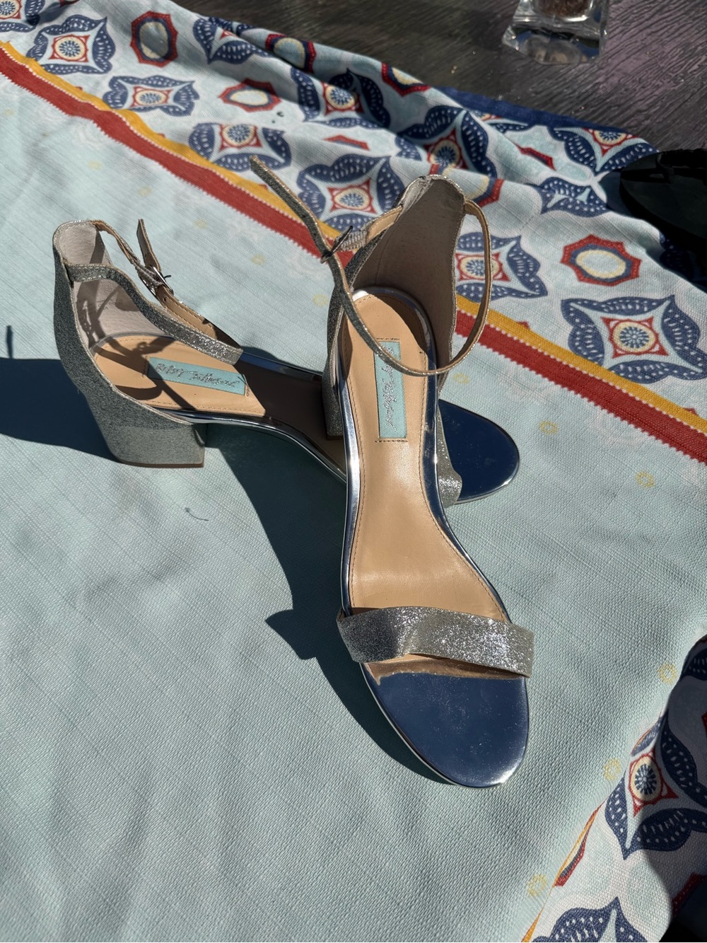 Betsey Johnson Silver Glitter Ankle-Strap Block Heels